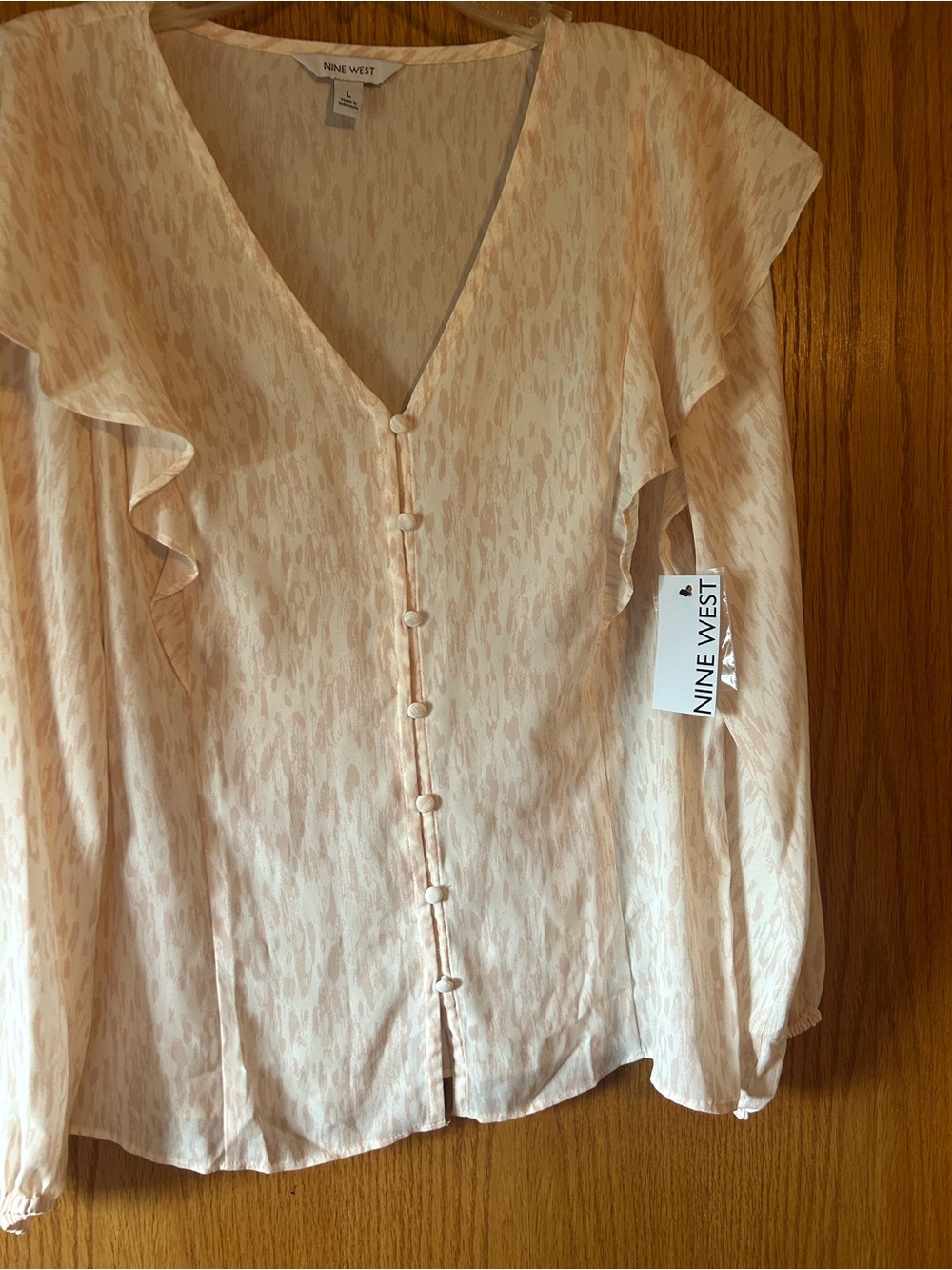 Nine West Cream and Peachy Pink Ruffle Button-Front Blouse